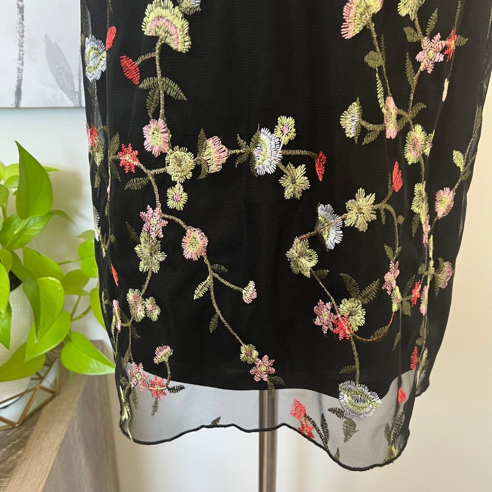 Black Embroidered Floral Mesh Top Tie Neck Dark Romantic Fairy Boho Whimsigoth - Picture 6 of 8